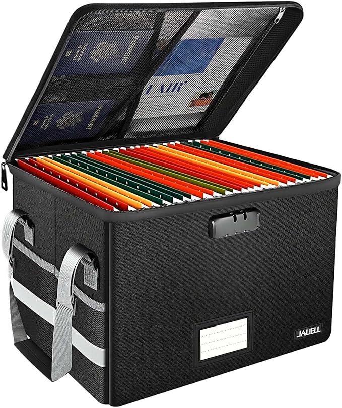 File Box with Lock, Fireproof Document File Organizer Box with Zipper & Adjustable Handle, Collapsible File Storage Box Home Office Safe Filing Cabinet for Hanging Letter/Legal Folder