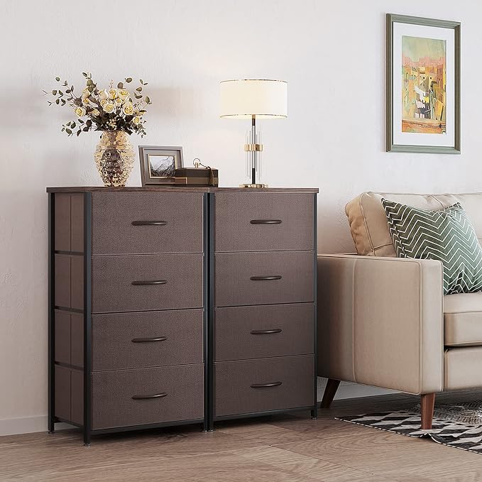 ODK Small Dresser for Bedroom with 4 Storage Drawers, Brown | Dresser Chest of Fabric Drawers with Sturdy Steel Frame for Small Space, Wood Top