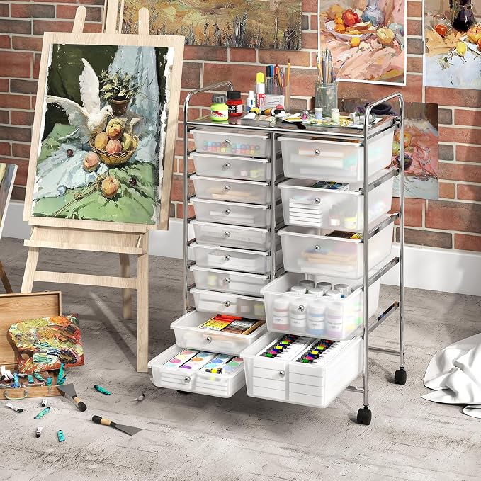 DREAMADE 15-Drawer Rolling Storage Cart, Mobile Craft Cart, Clear | Utility Organizer with Lockable Wheels, Removable Plastic Drawers and Metal Frame for Home Office, Classroom and Studio