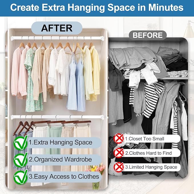 Adjustable Closet Rod for Hanging Clothes, 17-69inch Heavy Duty Metal tension clothes rod，1.3Inches Closet Pole with Hardware Kit for Closet Organization Laundry Room RV, White