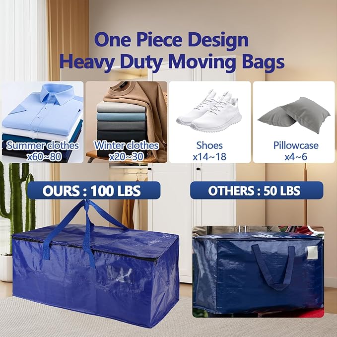 4 Pack Real 100lb Capacity Heavy Duty Moving Bags with Strong Zippers and Reinforced Handles, Extra Large Storage Totes for Packing & Moving Storing, Space Saving Alternative to Moving Boxes-95L,Blue