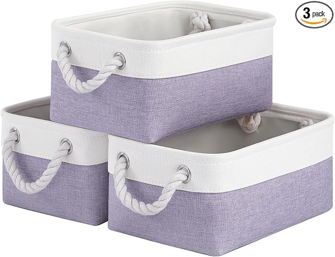 Storage Baskets for Shelves 11.8x7.9x5.2 Inch, Foldable Fabric Storage Bins with Handles, Small Storage Baskets for Organizing Closet, Office, Home Organization (3-Pack, White&Purple)