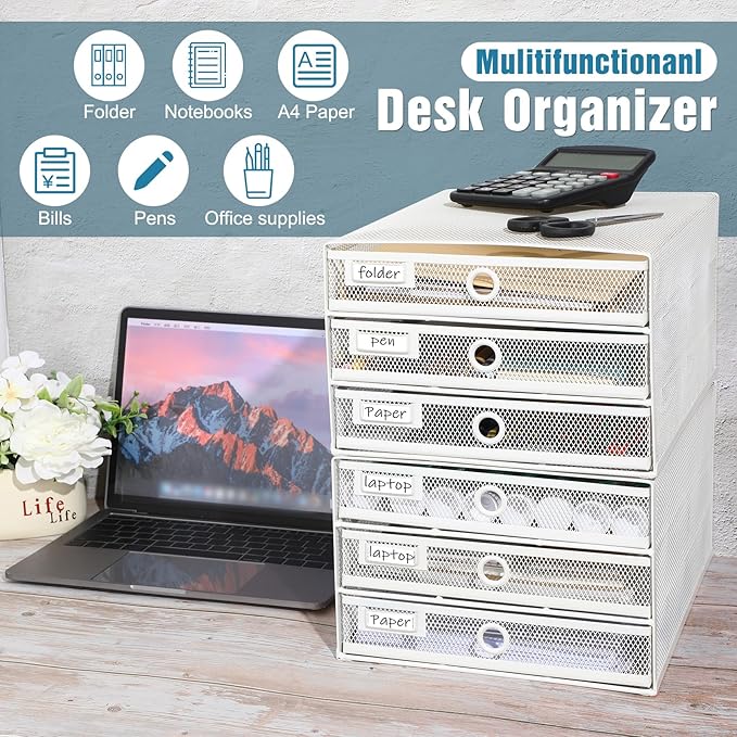 Zhanmai 2 Pack White Desk Organizer with Drawer Total Wire Mesh Storage Tray Multifunctional Paper Sorter File Stand for Home Office Supplies Letter A4 Paper Office Accessories Back to School (3 Tier)