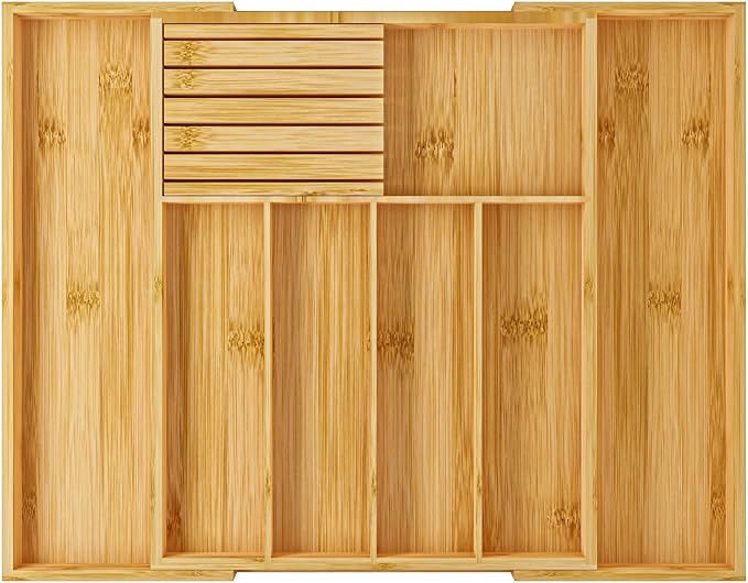 FUSHITON Expandable Bamboo Utensil Organizer with Built-In Knife Block, 7 Compartments, Adjustable Drawer Divider for Kitchen