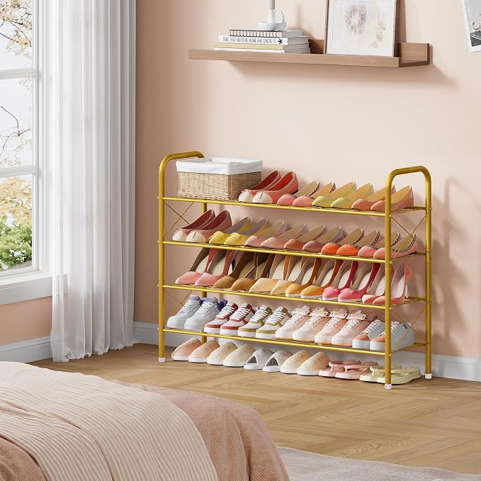 Hoctieon 4 Tier Mesh Style Shoe Rack, Entryway Shoe Shelf, Shoe Storage Organizer, Shoe Rack for Closet, Space Save for Bathroom, Garage, Hallway, Bedroom, Living Room, Gold