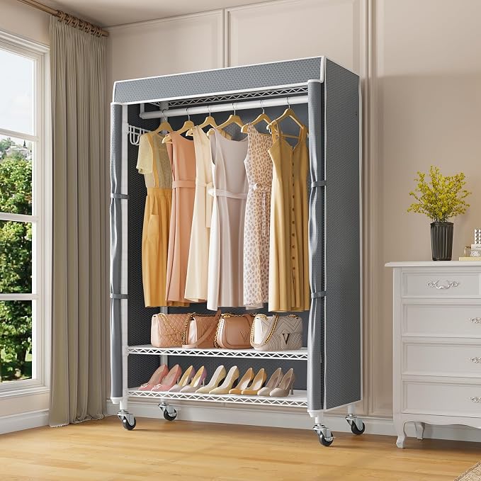 VIPEK R3C Portable Closet with Cover - Heavy Duty Freestanding Clothes Rack with Wheels & Hanging Rod & Side Hooks, 35.4" L x 15.7" W x 72.4" H, White Rack with Grey Upgraded Polyester Cover