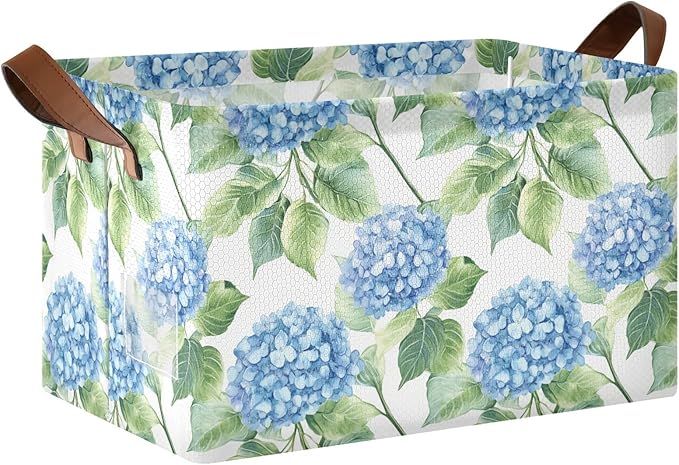 Watercolor Blue Hydrangea Flowers Storage Bins for Shelves with Labels&Handles Fabric Organizer Bin Foldable Rectangle Storage Basket Boxes for Closet, Bathroom, Home, Living Room