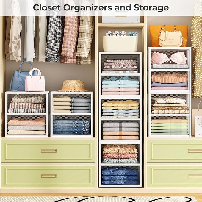 DAOUTIME 4-Tier Stackable Closet Organizers and Storage Shelves, Closet Storage Basket with Wood Tops Extra Storage, Clothes Sweaters Organizer Bins/Cube Storage Drawer for Home Wardrobe, White