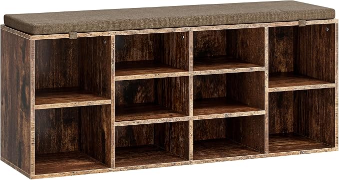 Shoe Storage Bench with Cushion, 41'' Long Entryway Bench with 10 Compartments Shoe Rack, Multifunctional Cubby Storage Organizer for Living Room, Hallway, Bedroom and Closet, Brown