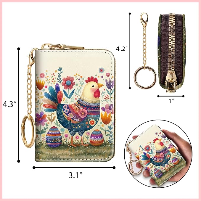 Blusabaca RFID Credit Card Holder Small Women Travel Wallet, Chicken Eggs | Removable Keychain, Case with Zipper, Vegan PU Leather, Cash Coin Pocket, Business Accordion Purse, Ladies Female Gift