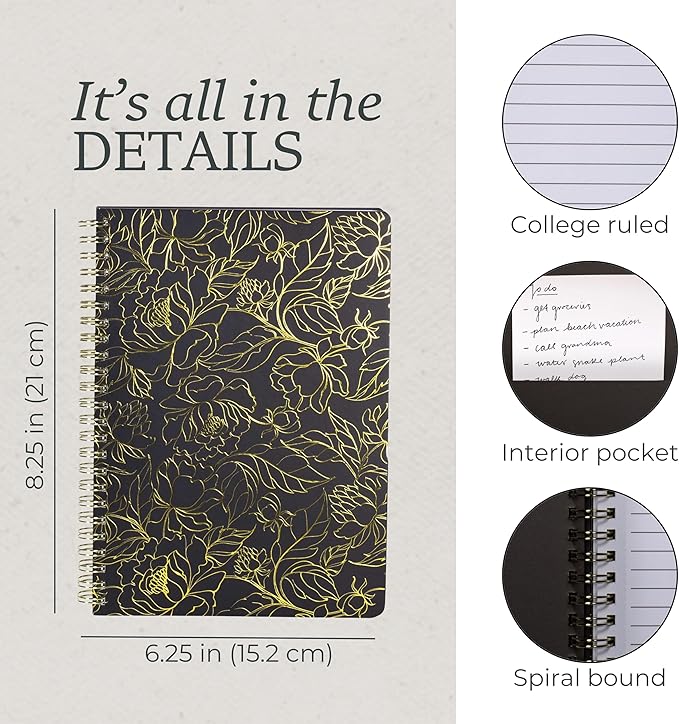 Steel Mill & Co Cute Black Mini Spiral Notebook, 8.25" x 6.25" Journal with Durable Hardcover and 160 Lined Pages, Linear Gold Floral