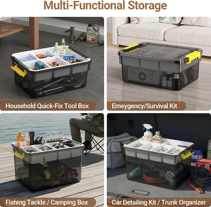 80Qt Stackable Storage Bins with Lids & Trays, Clear Plastic Latching Boxes Organizers with Dividers Portable Containers for Arts & Crafts, Home & Car Trunk Organization,Clear Grey,4Pack