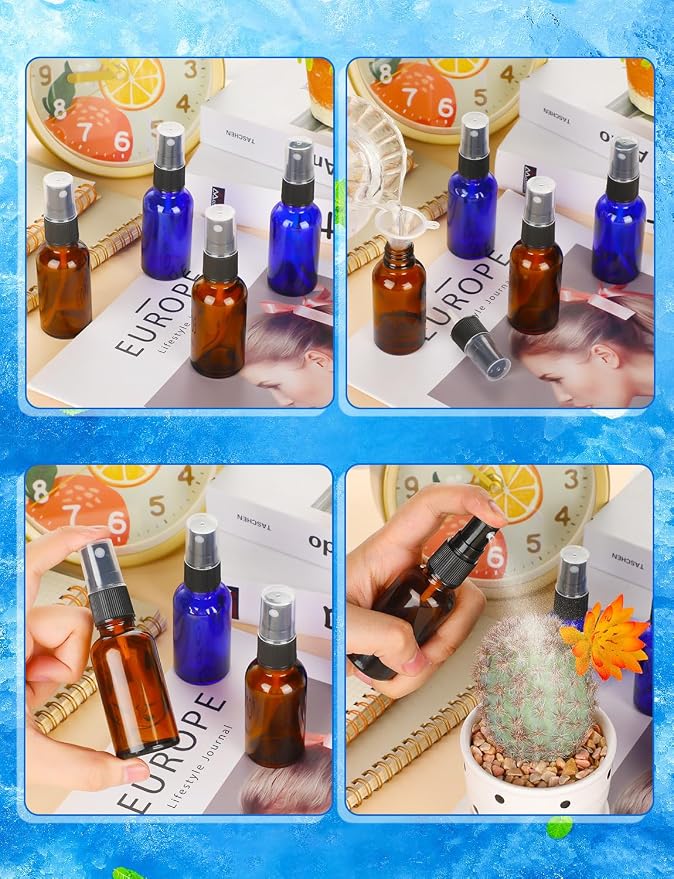 10 Pcs Glass Spray Bottles, 30ML/1OZ Amber Brown Fine Mist Refillable Small Travel Spray Bottle Empty with 2 Funnels and 2 Labels