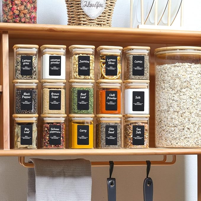 ComSaf Glass Spice Jars with Labels 6 oz 12 Pack Small Square Bamboo Lids | Empty Containers, Seasoning Herbs Powders, Salt Pepper Chili, Spice Rack Organization, Kitchen Cabinet Storage, Dry Goods