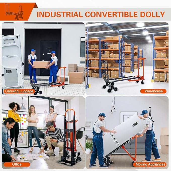 3 in 1 Industrial Convertible Hand Truck,1000 LBS Capacity Stair Dolly,Heavy Duty Hand Truck Dolly Cart with Stair Climbing Wheels and Dual Handles for Transport,Moving (Orange)