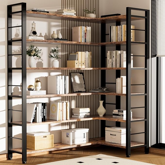 INNOD 69" X 50" Straight Wide 6 Tier Bookshelf with LED Light, L Shaped Bookcase with Adjustable Feet, Corner Book Case with 12 Open Shelves, Shelf Unit Display Shelf for Living Room, Home Office
