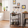 TUTOTAK Bar Cart with Wheels, Drink Cart with Wine Rack and Glass Holder | 3-Tier 23.7 Inch Wide Home Bar Serving Carts, Small Mobile Kitchen Shelf with 6 Hooks, Rustic Brown BC01BB030