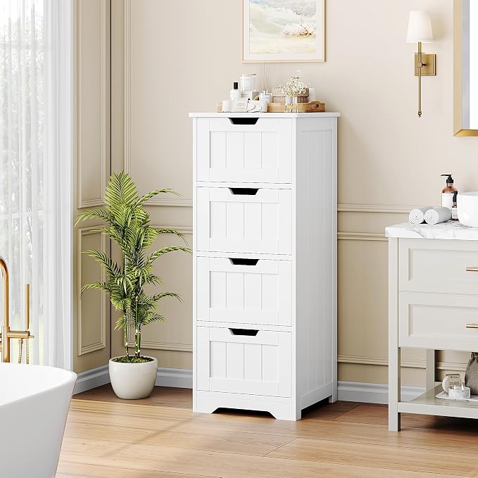 FOTOSOK Bathroom Storage Cabinet, Bathroom Cabinet with 4 Drawers, 11.8 x 11.8 x 32.5 Inches Small Bathroom Storage Cabinet, Freestanding Floor Bathroom Organizers and Storage for Entryway, White