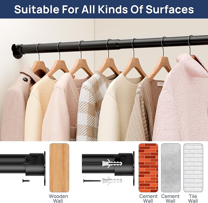 ENJOYBASICS Closet Rods for Hanging Clothes, 17 to 53 Inches Stepless Adjustable Closet Pole, 1.3 Inches Heavy Duty Clothes Rod for Wardrobes, Bathroom, Laundry and Windows, Black