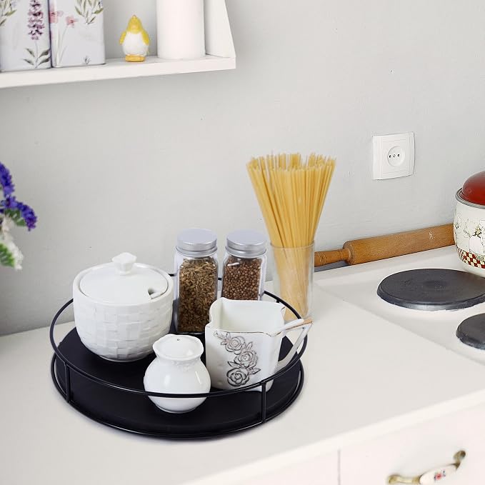 [ 2 Pack ] 9" & 10" Black Wood Lazy Susan Organizers with Steel Sides