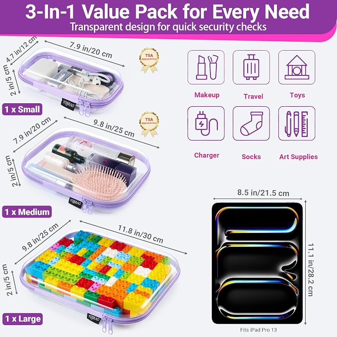 YQBRAO Clear Hard Shell Organizer Case Set, 3-Pack, Purple | Large, medium & small rigid PET organizers for crafts, travel, beauty and everyday storage