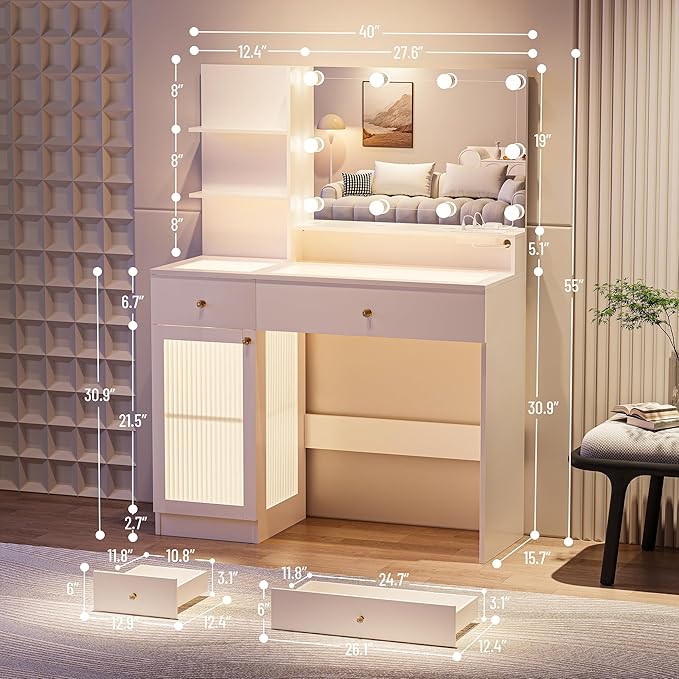 INNOD 40" Vanity Desk with Large Mirror and Lights, Modern Glass Top Makeup Vanity Set with Power Outlet, Drawers and Cabinet, 3 Lighting Color Adjustable Dressing Table for Bedroom,White