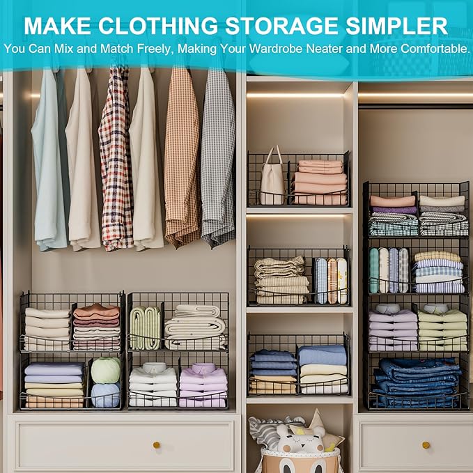 Hongtamoya 4-Tier Closet Organizers and Storage Shelves with Divider, Stackable Closet Shelf Organizer Basket Bins, Clothing Sweaters Storage Container for Wardrobe Cupboard, Black