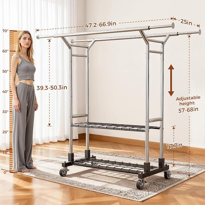 Luxspire Double Rod Clothing Racks for Hanging Clothes Load 650 LBS, Silver | Zinc-iron alloy frame, 2-tier sturdy shelves, lockable silent wheels, adjustable extendable rods for bedroom & laundry room