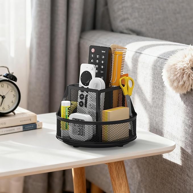 Docnest 360°Rotating Mesh Desk Organizer,6-Compartment Pen Holder,Black | Heavy-duty metal holder with removable divider. Space-saving stationery storage for pencils, scissors & markers