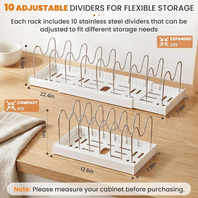 2 Pack Expandable Pot Lid Organizers with 10 Adjustable Dividers | 12.6-22.4 Inch Pots and Pans Organizer Rack Under Cabinet, Countertop, Pan Lids, Bakeware, Food Container Lids, White