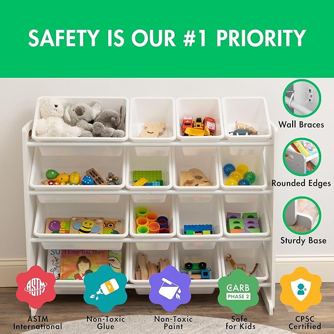 Humble Crew Toy Storage Organizer with 16 Removable Storage Bins for Kids Playroom, 4-Tier Toddler Toy Organization and Storage, White/White