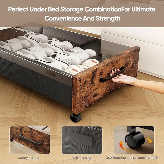 KITHELP Wooden Under Bed Storage with Wheels, Rolling Under the Bed Storage Bins with Removable Lid, Metal Under Bed Drawers for Clothes and Shoes in Bedroom or Living Room(Vintage Brown-2pack)