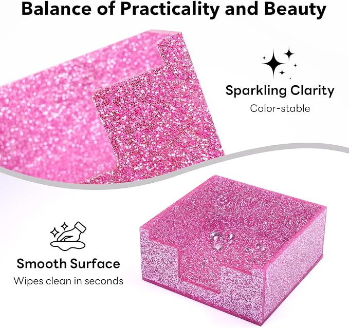 Acrylic Sticky Note Holder 4x4in Tray for Desk, Rose Pink Glitter | Sparkling glitter acrylic tray, fits 3x3 sticky notes, compact organizer for office school and home