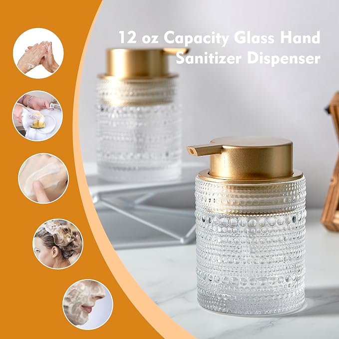 12oz Glass Foaming Soap Dispenser with Gold Pump, Hand Soap Bottles | Clear refillable bottle for bathroom hand soap, liquid, lotion. Cute decorative glass container. Easy to refill and clean