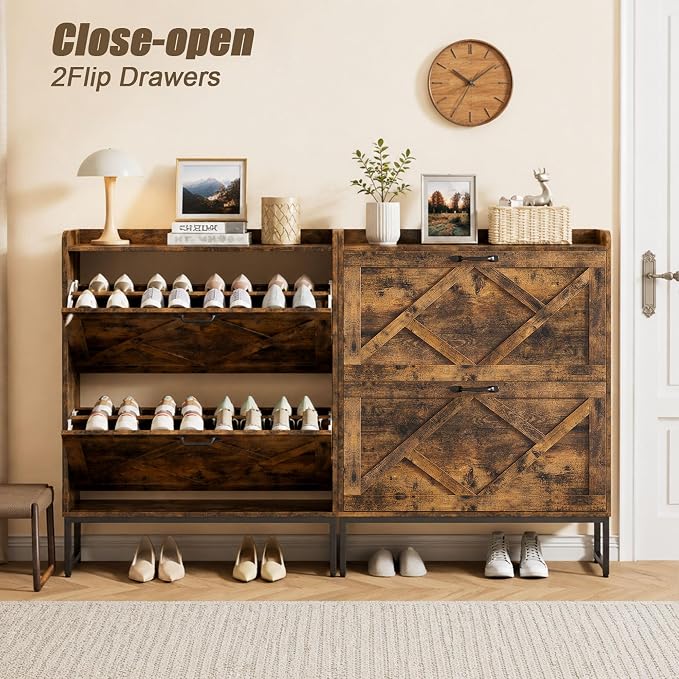 Nicetree Shoe Cabinet Storage for Entryway, Slim Shoe Storage Cabinet with 2 Flip Drawers, Narrow Vertical Shoe Rack Cabinet with Metal Hooks, Small Space Solution for Hallway, Rustic Brown
