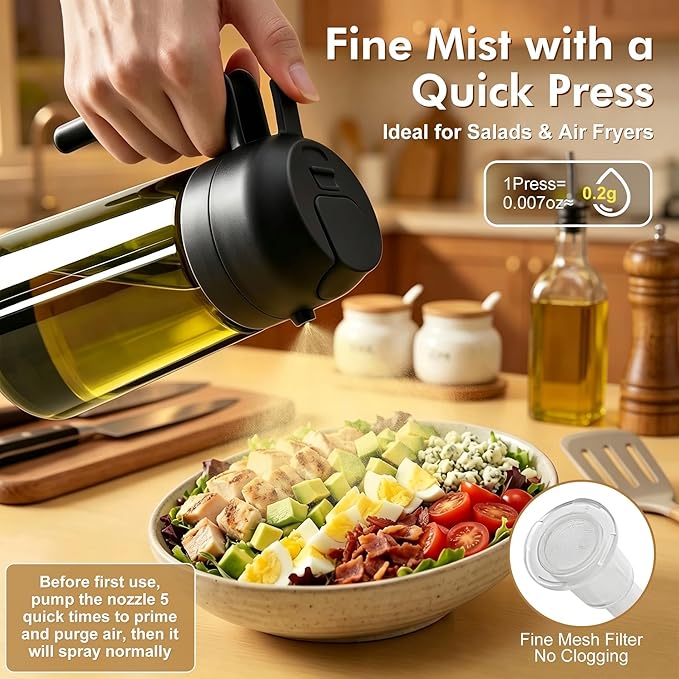 Poshetion 2 in 1 Olive Oil Sprayer for Cooking, 16oz Light-Proof Oil Dispenser for Kitchen, Leak-Proof Oil Spray Bottle for Air Fryer, Salad, BBQ, Baking, Grilling - Black