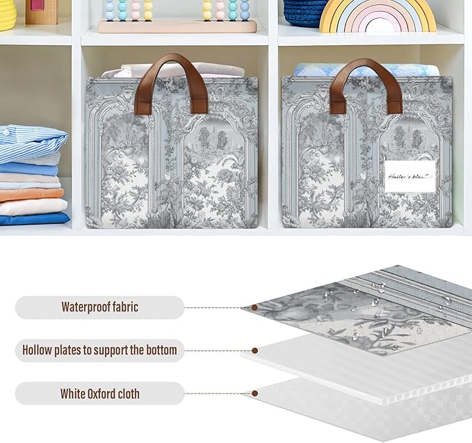 Vintage French Floral Classic Blue Storage Basket Foldable Cube Storage Bins with Handles&Labels Collapsible Organizer Box Bin Large Rectangle Decorative Baskets for Shelves Home Room Laundry-2 PC