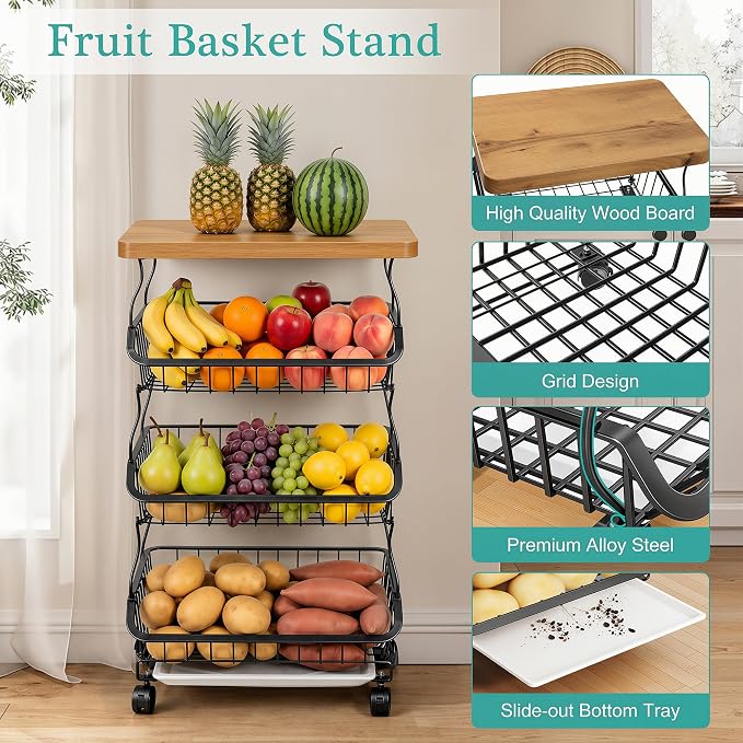VECELO 4-Tier Fruit Basket with Wheels, Fruit and Vegetable Storage Cart for Kithchen, Stackable Produce Organizer Wire Baskets for Kitchen, Pantry, Living Room