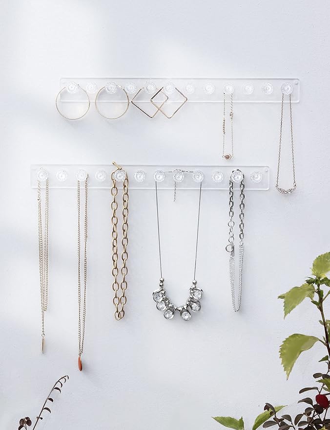 Heesch Necklace Hanger, Wall Necklace Holder, Acrylic Jewelry Organizer | Wall Mount Jewelry Hooks for Necklaces, Bracelets & Chains, Hanging Organizer and Storage, 2-Pack Clear