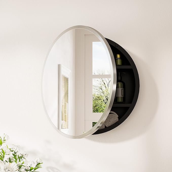 Keonjinn 20 Inch Round Medicine Cabinet with Mirror, Brushed Nickel Surface Mount Medicine Cabinet for Bathroom, Framed Circular Bathroom Cabinet Wall Mounted, Round Vanity Mirror with Storage