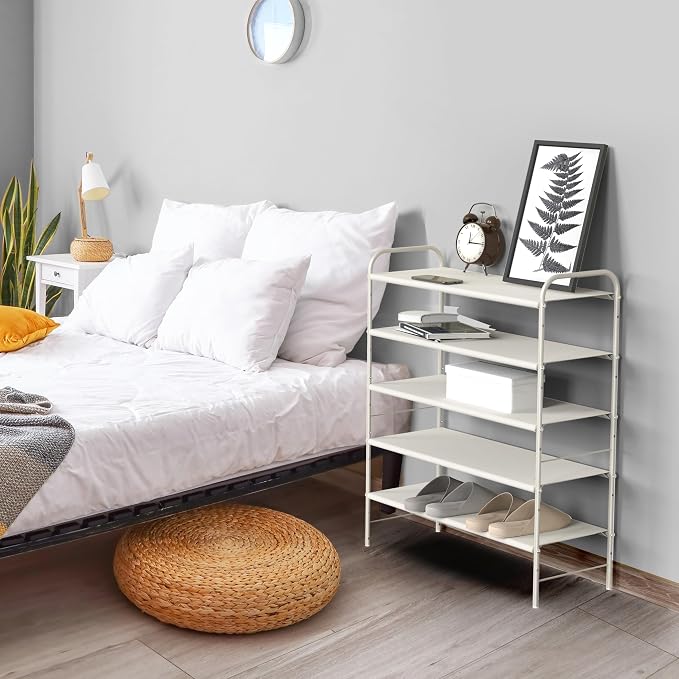 Simple Houseware 5-Tier Shoe Rack Storage Organizer, 15-24 Pairs, White | Space-Saving Shoe Shelf with Sturdy Metal Frame and Non-Woven Fabric Shelves for Entryway, Garage & Corridor