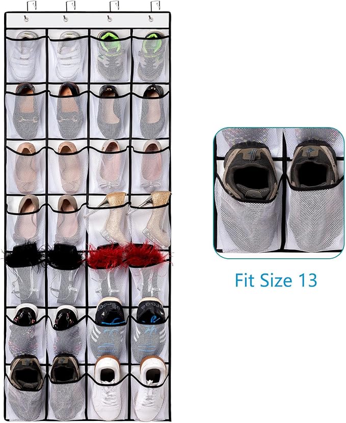 REGELETO 28 Large Pocket Over the Door Shoe Organzier, Hanging Shoe Rack for Door Large Capacity Shoe Organizer Holder with 4 Metal Hooks.