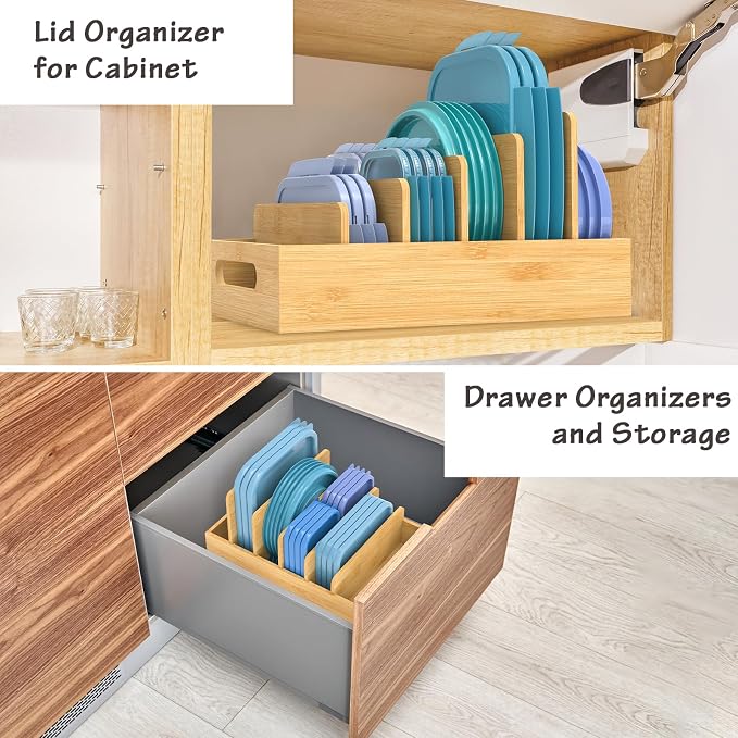 Retro Shaw Lid Organizer for Plastic Lids, with 5 Adjustable Dividers | Bamboo, Kitchen Storage and Organization, Fit For Cabinet and Drawer