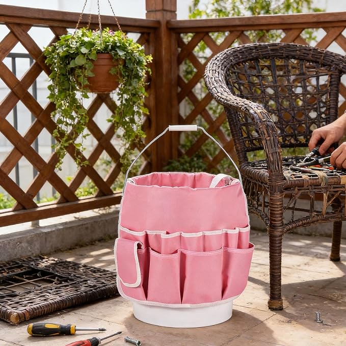 Gardening Tools Bucket Bag Tool Resistant Portable Gifts for Dad Bucket Tool Organizer for Garden Tools for Outdoor, Pink