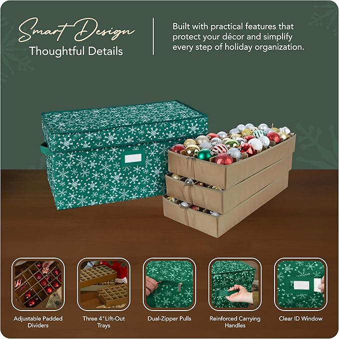Covermates Keepsakes Adjustable Ornament Storage Box – Heavy-Duty Polyester, Padded Dividers & FlexGrid Trays – Protective Holiday Organizer with Stackable Walls & Label Window, Green Snowflake
