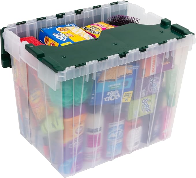 Akro-Mils KeepBox 18 Gallon Storage Container, Nesting and Stackable Plastic Storage Box with Lid Attached, Clear Tote for Garages, Closets, and Moving, 21" x 15" x 17", Clear/Green