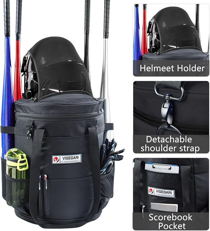 VIGERARI Baseball Bucket Bag- Coach Bag-Expandable Softball Bucket Organizer with Padded Seat