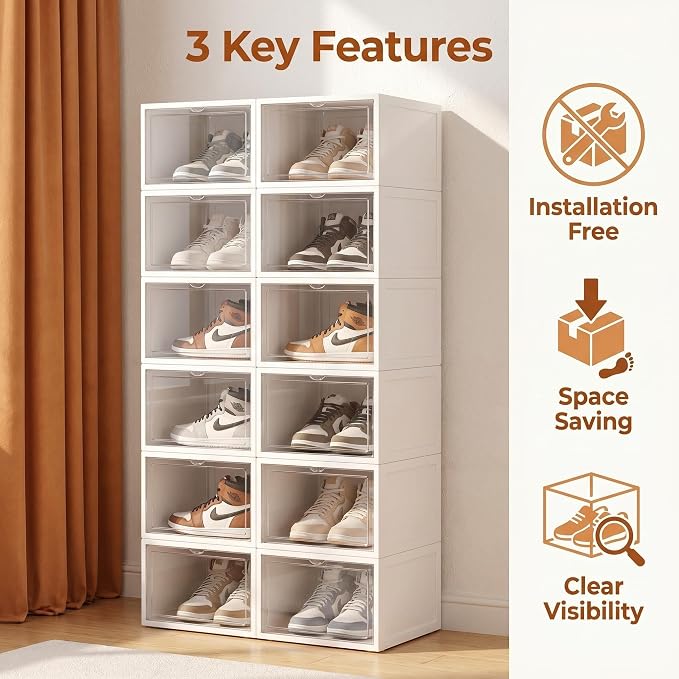6-Tier Clear Shoe Storage Boxes, Collapsible, No Assembly | Six plastic compartments fold flat when not in use and stack vertically, with transparent doors for easy viewing and access.