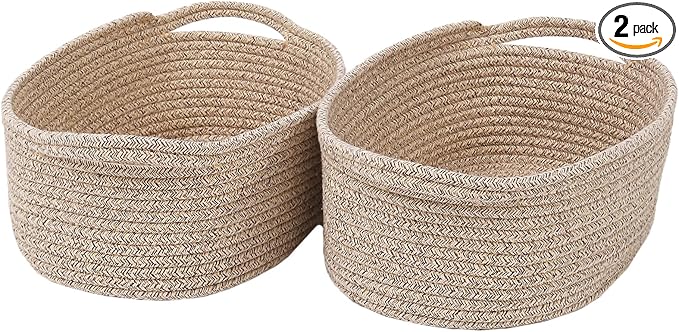 JMvicyroam Woven Basket,Small Rope Storage Bin with Handles & Ribbon Bag, Organizer for Shelves Closets,Gift Basket Empty for Birthday,Books,Dog Toys,Oatmeal/2 Pack