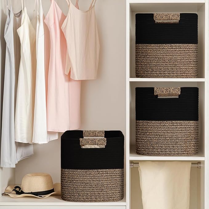 12 Inch Storage Cubes, 3 Pack Cube Storage Bins for Organizing, Cotton Rope Woven Baskets for Shelves, Bathroom, Kids Room, Closets, Baby Nursery